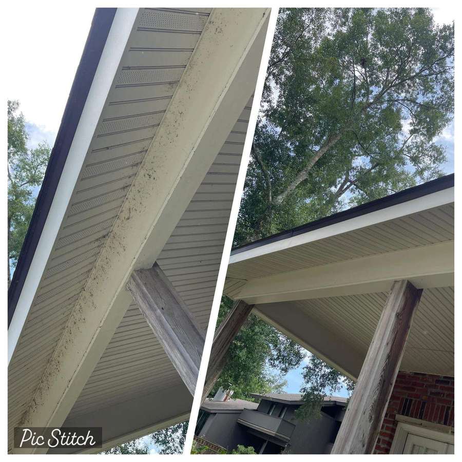 Underside of roof soffit and eave before and after washing