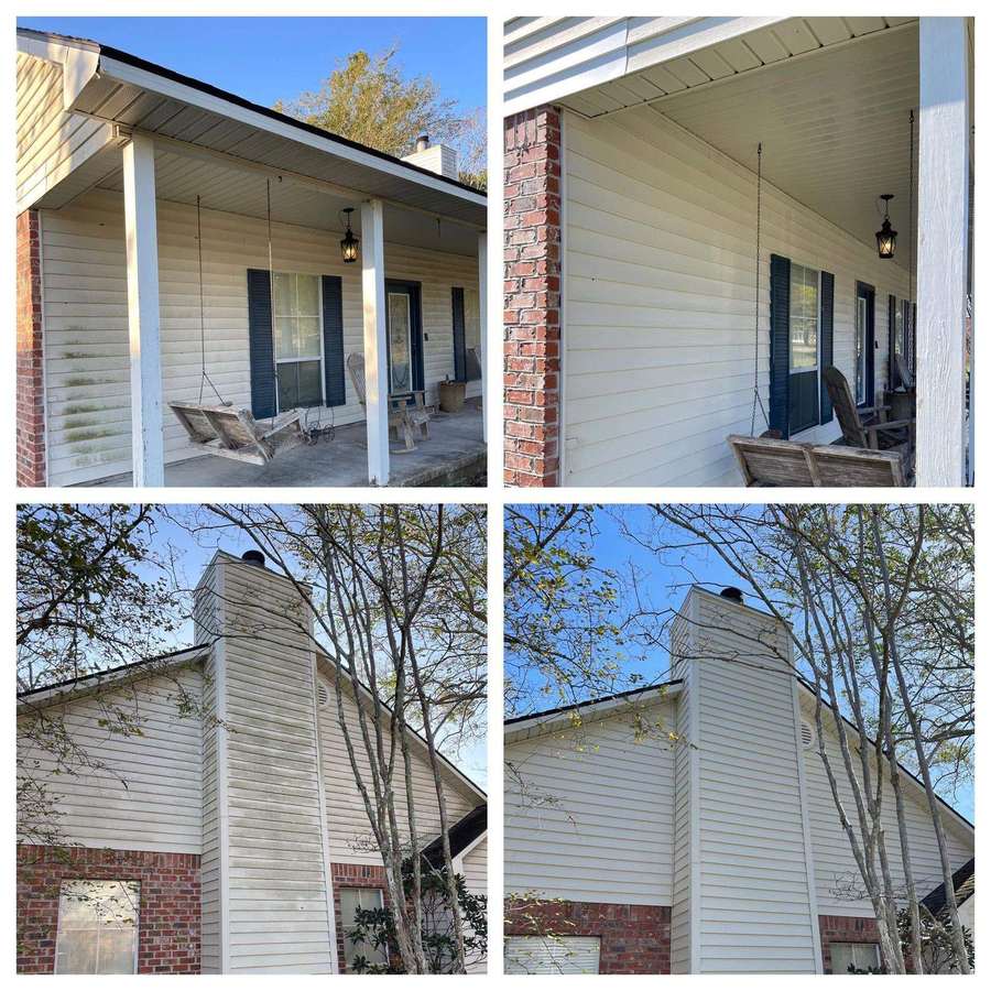 Clean chimney, siding, and exterior trim detail