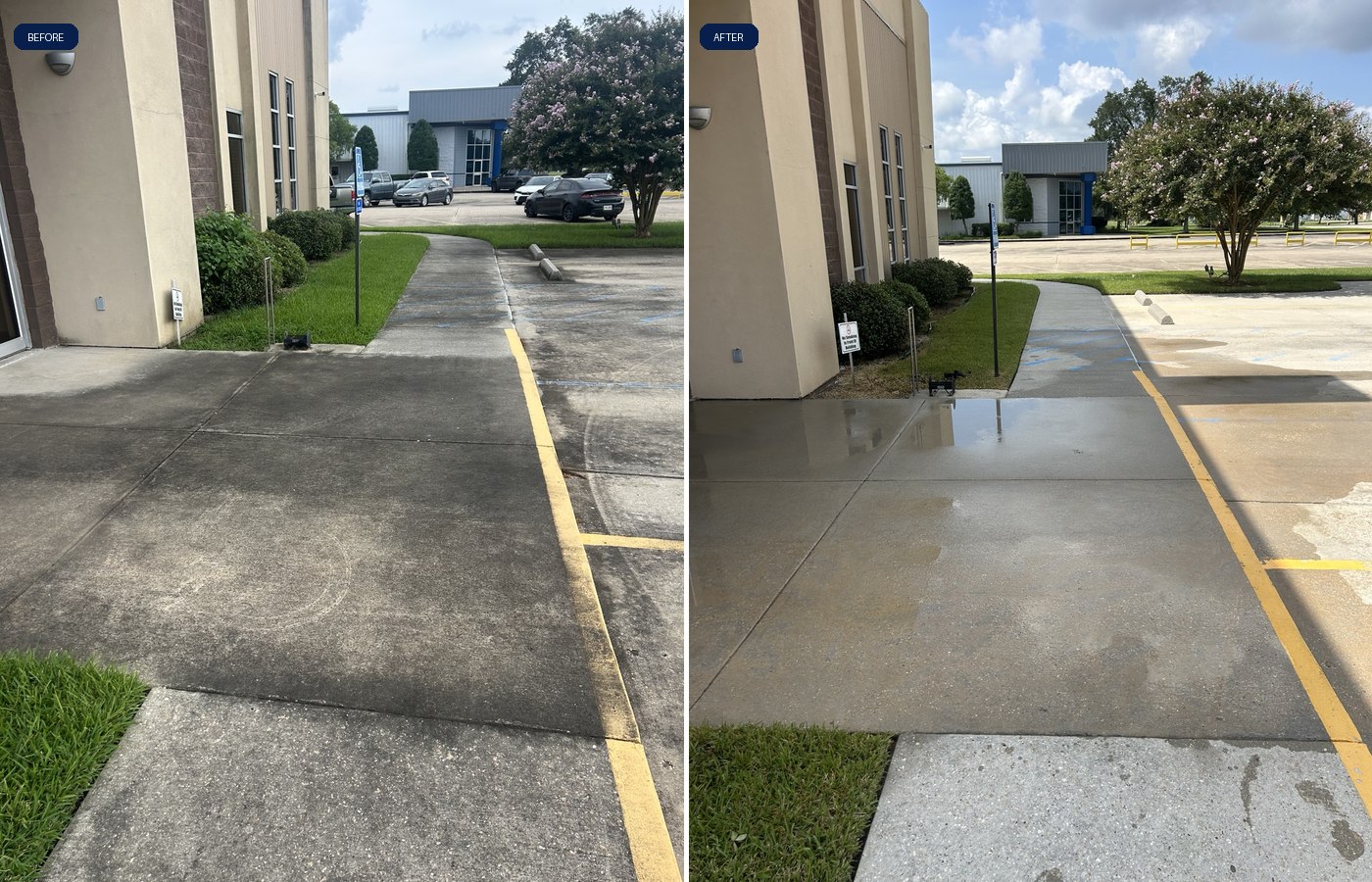 Side-by-side before and after of a commercial concrete entrance after pressure washing