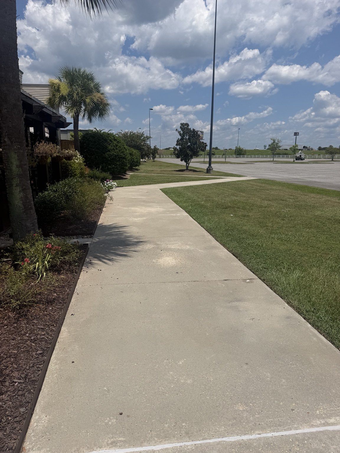 Clean concrete walkway beside landscaped commercial property