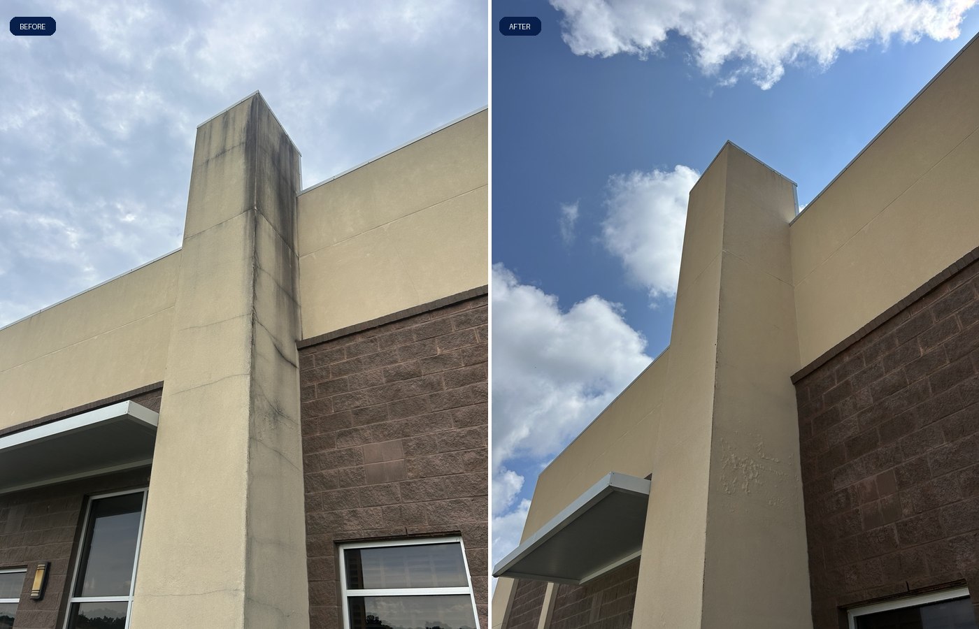 Side-by-side before and after of a stained commercial building wall after exterior washing