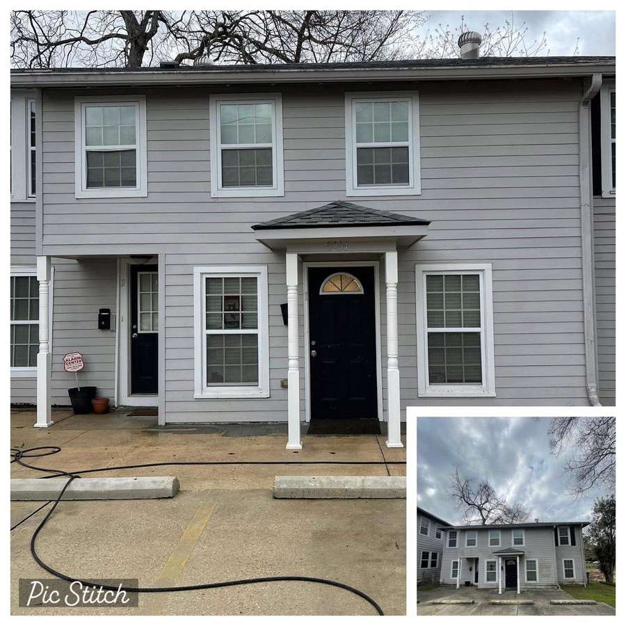 Two-story home exterior before and after washing