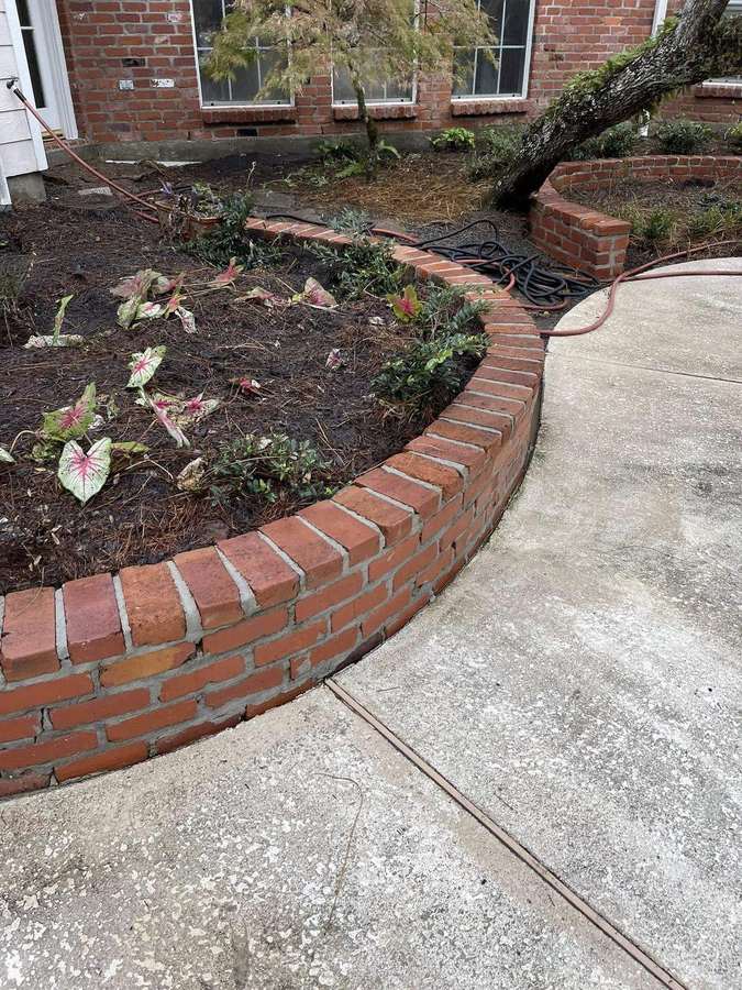Concrete walkway and brick landscape edging after cleaning