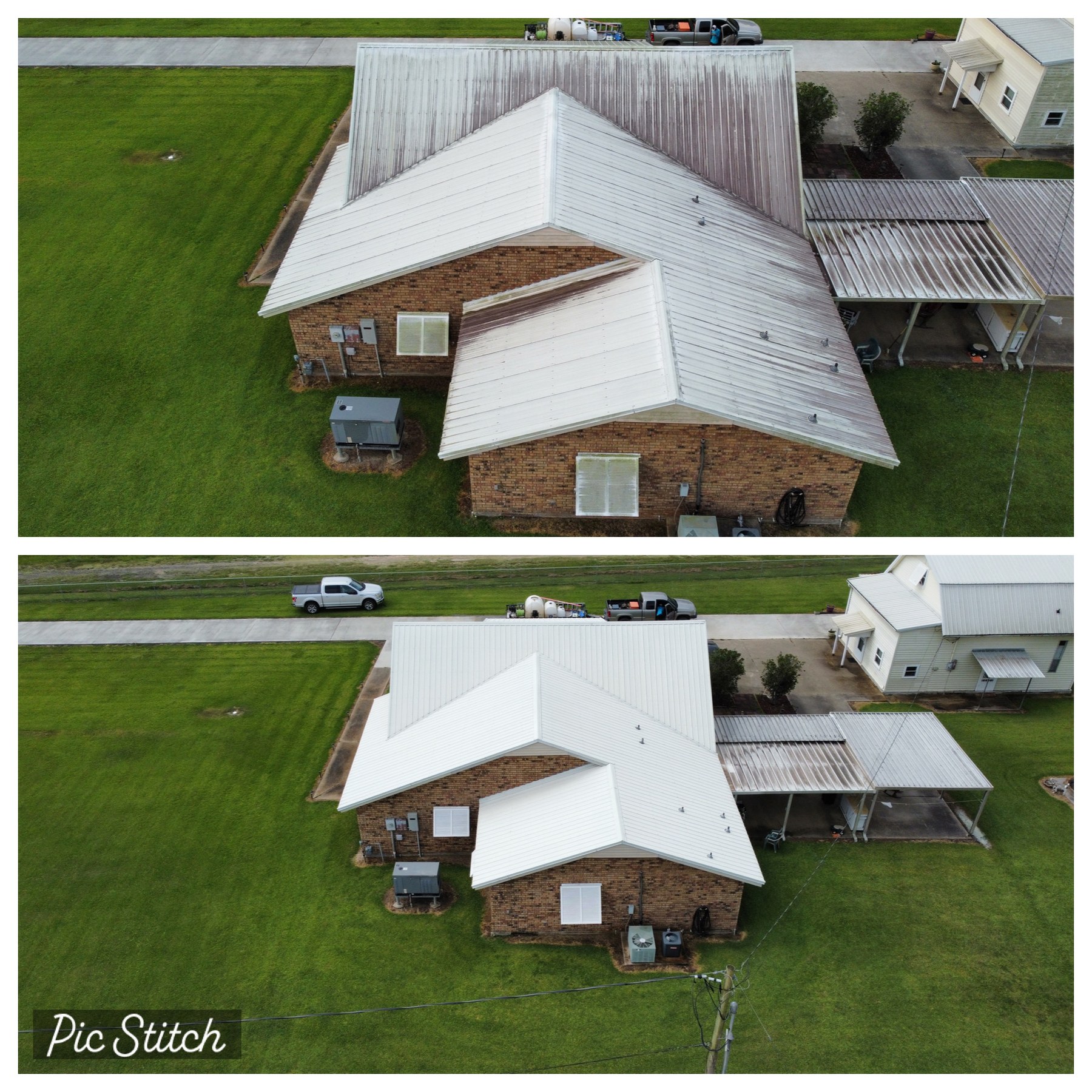 Aerial before and after comparison of a metal roof soft wash