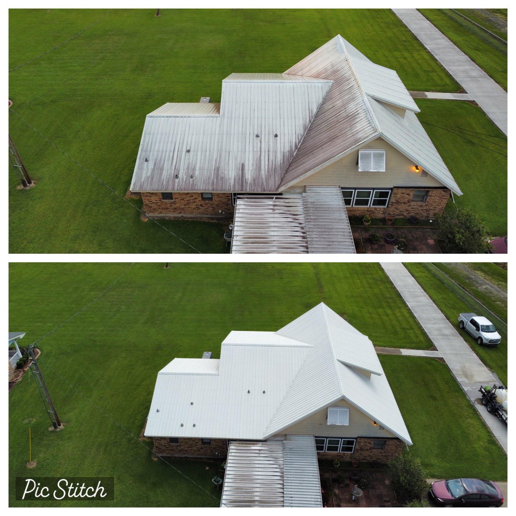 Aerial before and after view of a stained metal roof restored with soft washing