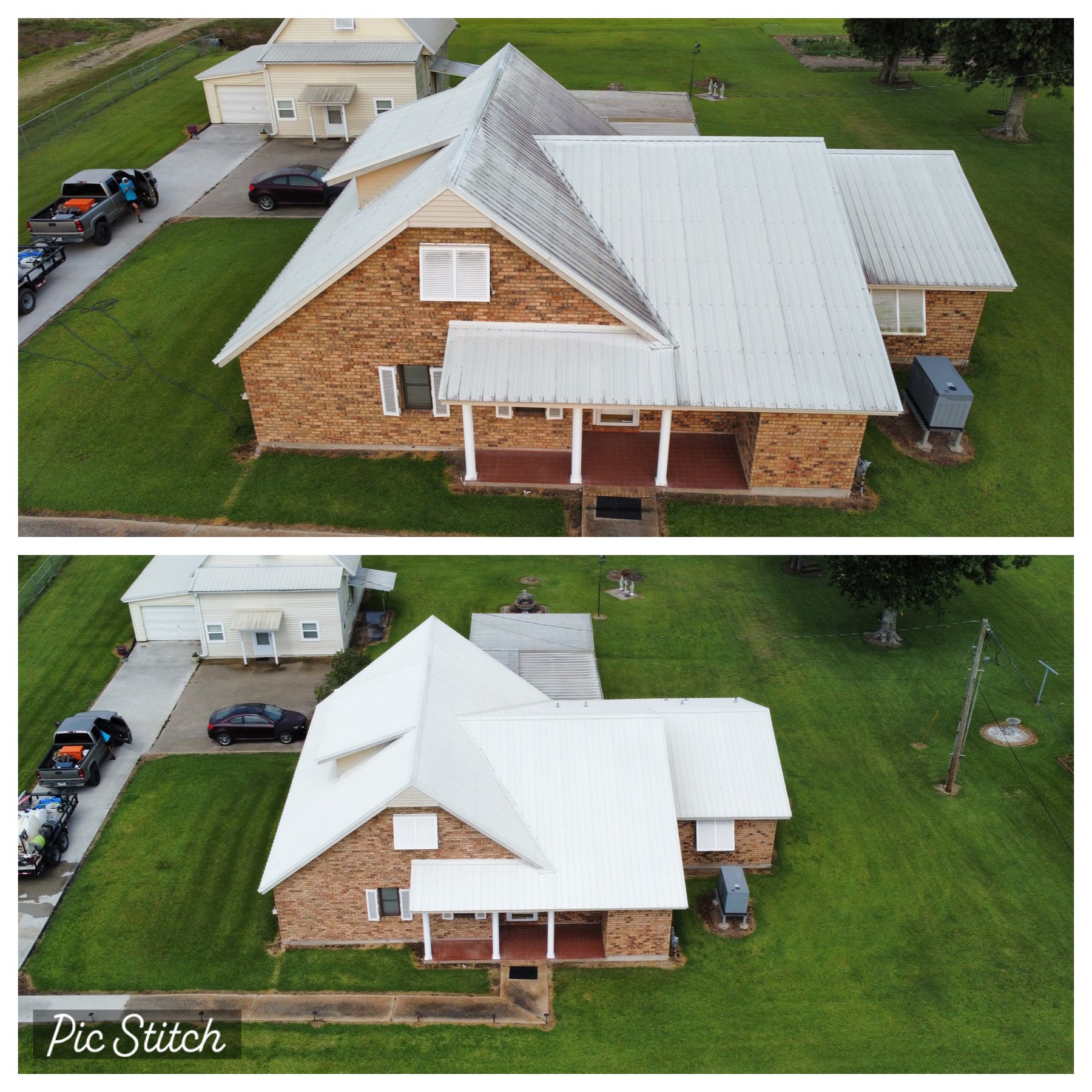 Metal roof before and after soft washing from an aerial view