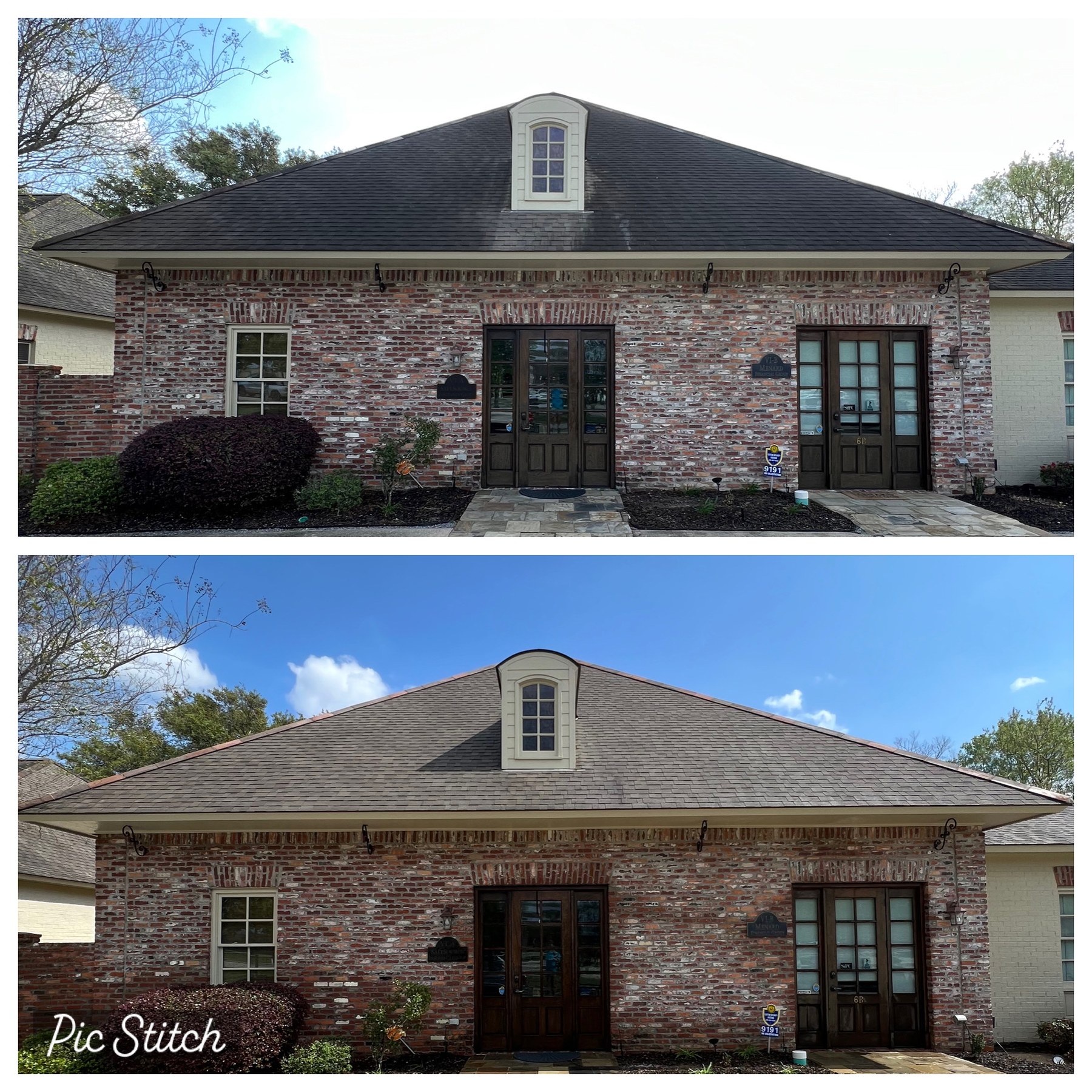 Brick home shingle roof before and after soft washing with dark streaking removed