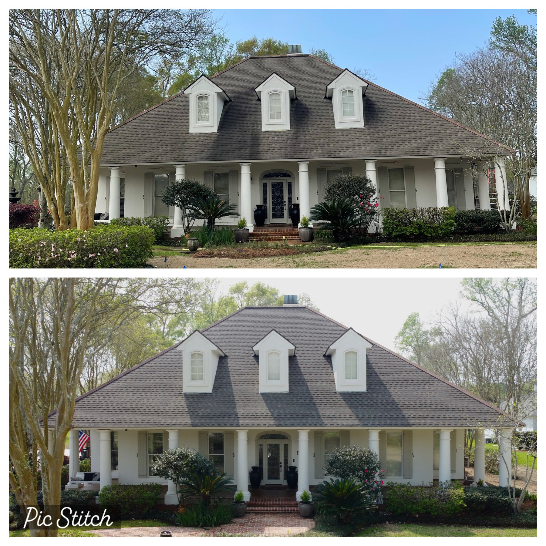 Shingle roof before and after soft washing, showing dark organic staining removed